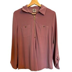 Anne Klein‎ Women’s Stretch Blouse Size M | Gold Detail Half-Zip Top Chic
